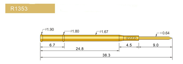R1353-W探針套管、1.67mm測試針、總長38.3mm、彈簧針套管圖片、測試針套管圖片、頂針套管圖片、探針套管圖片